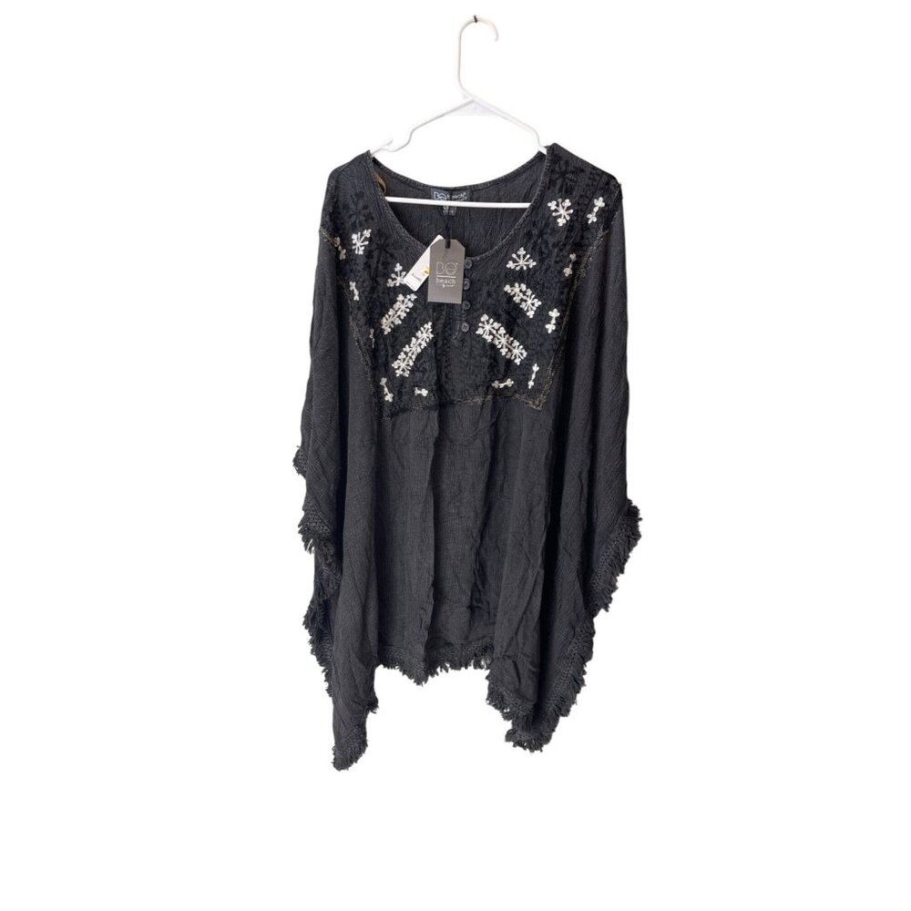 Be Beach by Exist Black Fringe Boho Poncho With Embroidered Floral Details  L/XL